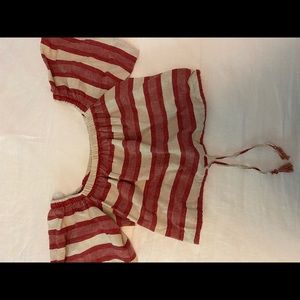 off the shoulder top- red and tan stripe